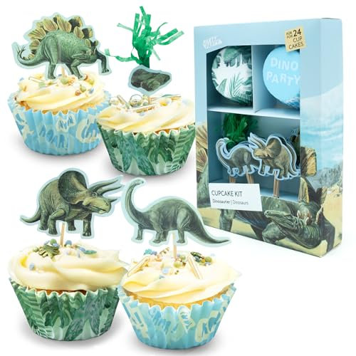 PARTY PARTY 48 Teile Set Dinosaurier CUPCAKE TOPPER + MUFFINFÖRMCHEN Papier, Brontosaurus, Stegosaurus, Triceratops, Dinosaurier Muffins Kindergeburtstag Dino Geburtstag Deko Jungen