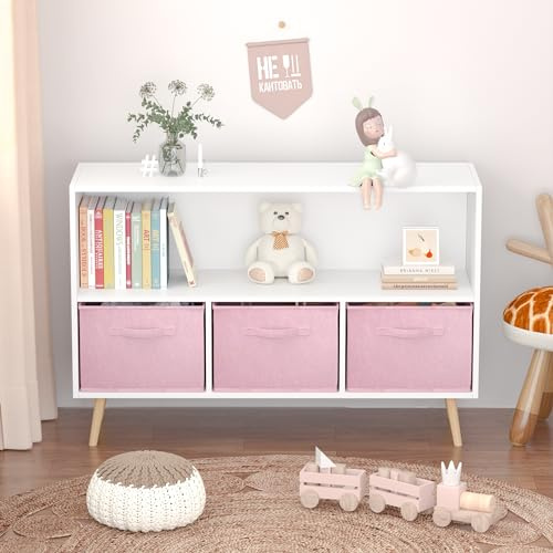 AOPNOMU Kids Bookcase and Bookshelf, Multi Shelf Cubby with 3 Collapsible Fabric Drawers, Children's Book and Toy Display Rack, Toy Storage Organizer for Bedroom, Playroom, Hallway, White + Pink
