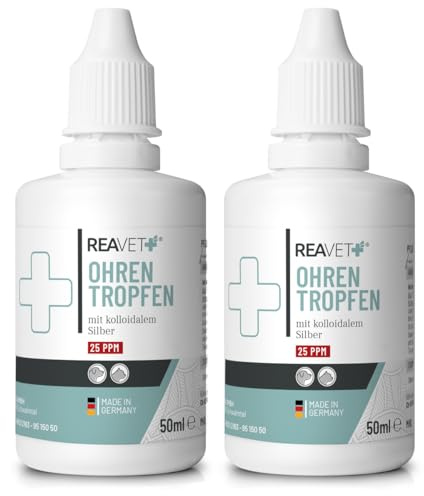 ReaVET Ohrentropfen mit kolloidalem Silber 2 x 50ml I für Hunde & Katzen I SEHR GUT bei Ohrentzündungen, Juckreiz, Keime, Pilze und Bakterien, Ohrenpflege, Ohrenhygiene, Gesunde Ohren I im 2er Set