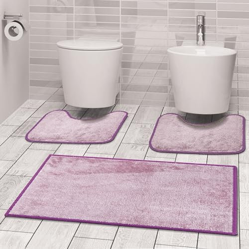 Comart, Alfombra Ocean de baño, juego completo de 3 piezas, tres antideslizantes, para la ducha y la bañera, alfombrilla de inodoro y bidé, lavable a máquina, secado rápido, diseño moderno, color lila