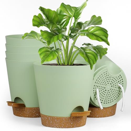 Homeuouz 6 Packs Blumentopf Selbstbewässernd, 15.2cm Pflanzentopf mit Bewässerungssystem, Übertopf mit Brown Untersetzer, Blumentöpfe Set Ideal für Innen und Balkongärten, Grün