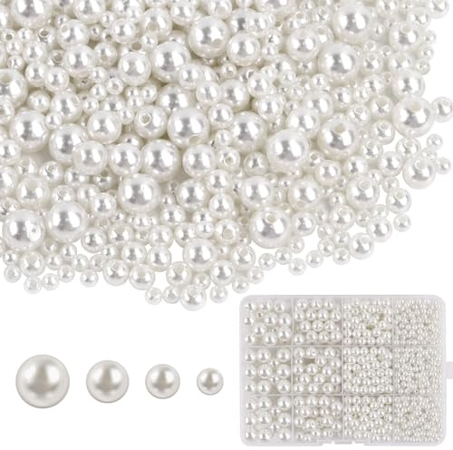 1480 Perlen zum Auffädeln Pearl, 4 6 8 10mm Perlen für Armbänder Basteln, Runde Weiß Kunstperlen für Halskette Armbänder Schmuckherstellung (Weiß)