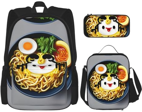 HJLUUFT Ensemble sac à dos 3 pièces avec coquetier, nouilles et ramen – Sac d'école spacieux avec sac à déjeuner et trousse à crayons – Élégant et pratique