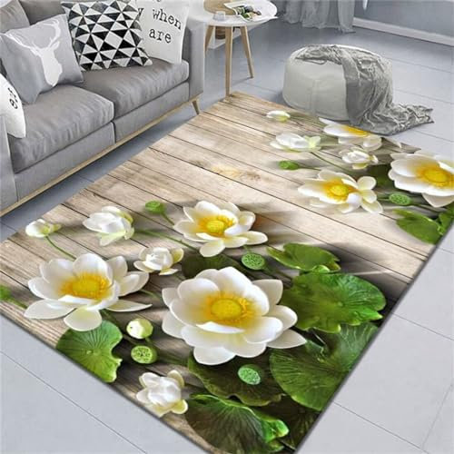 RUGMRZ Terrassenteppich Wetterfest Teppich Kinderzimmer Mädchen Grüne Blätter gelbes Blumenmuster Schlafzimmerteppich Balkonteppich Webteppich 160X230CM