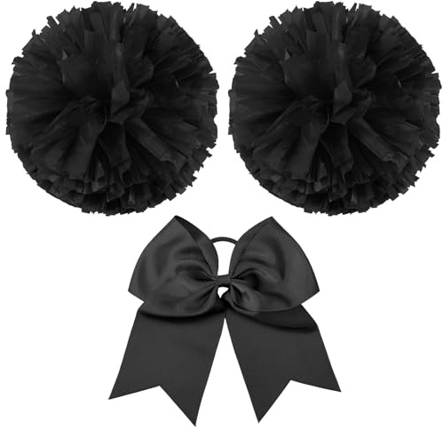 Hanaive Cheerleader-Pompons und große Cheerleader-Haarschleife, metallische Cheerleader-Pompons für Teenager-Tanz (schwarz, matt), 3 Stück
