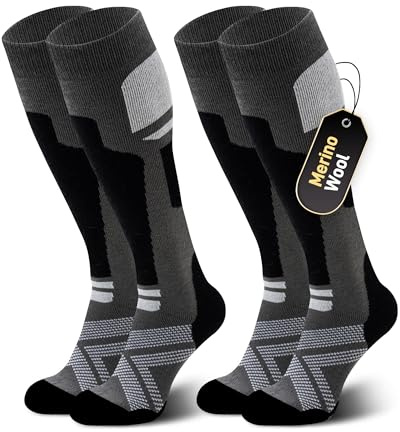 Niorasen Merino Wool Ski Socks Men Unisex, 2 Pairs Thermal Knee-High Socks for Winter, Full Cushion Thick Socks, Skiing, Snowboarding, Outdoor Sports, Hunting, Hiking, Black 2 Pairs, UK 9-15