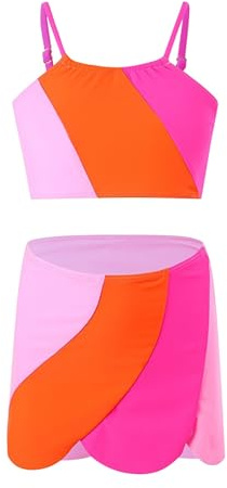 Maillot de bain 3 pièces pour enfants - Rayures - Tankini - Jupe de bain et short de bain pour filles - Taille 10 - Protection suitrash pour filles - 5T, rose, 8-9 ans