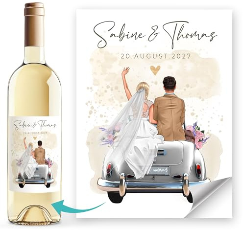 Weinetiketten personalisiert Hochzeit Auto Brautpaar Figuren anpassbar Wunschnamen Hochzeitsdatum SpecialMe® Weiss unisize