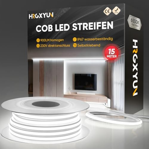 HRGXYUN 230 V COB Cinta LED exterior, 240 LEDs IP67 impermeable autoadhesiva, tira LED 900 LM sin transformador flexible para dormitorio, cocina, exterior, decoración, 6500 K, blanco frío, 15 m