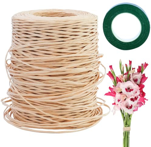 Cordoncino di carta 200 m, filo di ferro, filo di carta, naturale, per il fai da te, per matrimoni, Natale, bouquet, decorazione regalo e fai da te (marrone chiaro), con 1 rotolo di nastro per fiori