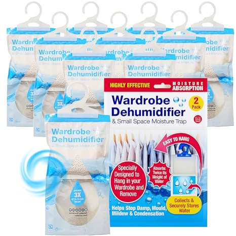 Wardrobe Dehumidifier Hanging Bags – Pack of 10 Moisture Absorbers to Stop Damp, Mould, Mildew & Condensation – Ideal for Wardrobes, Caravans, Garages, Basements & Storage