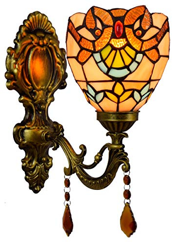 Apliques de pared Tiffany de 6 pulgadas, aplique de pared de cristal de colores, estilo barroco vintage amarillo, lámparas de noche decorativas for dormitorio, sala de estar, pasillo y escaleras.