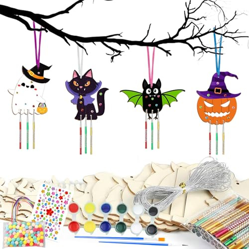 34 Stück Halloween Bastelset Kinder – DIY Halloween Basteln mit 8 Holz Anhängern, Farben & Pinseln, Glitzerstiften, Aufklebern, Pompons, Silberdraht, Bändern – Kreatives Basteln Halloween Kinder Party