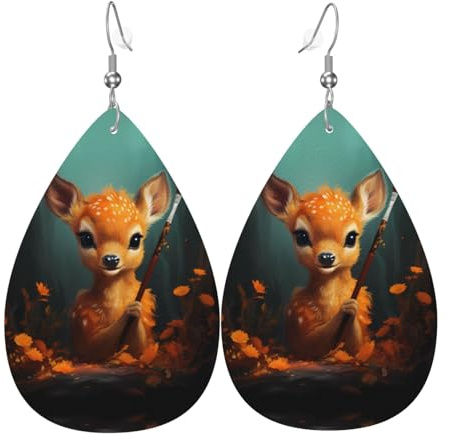 JKDGOJ Deer holding a paintbrush Pattern Water droplet pendant earrings and leather earrings, suitable as holiday birthday gifts for women