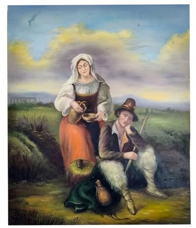 Quadro Dipinto a Mano - Olio su Tela 50x60 cm - Made in Italy - La Dama e il Pastore – Arte Figurativa Originale – Quadro Elegante da Parete per Soggiorno, Studio o Camera – Opera Unica