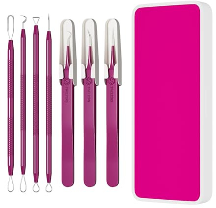 Pickel Ausdrücken Werkzeug Set 7-tlg. | Smbrige Pickelentferner | Pickel Ausdrücken Werkzeug für reine Haut | Mitesserentferner in Farbiger Box, Fuchsie