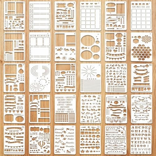 30Pcs Journal Stencils Set for Bullet Journals,Planner Stencil Drawing Painting Template Reusable Diary DIY Stencil Bullet Journal Accessories for Scrapbook Notebook Card Making Wood Wall Art Decor