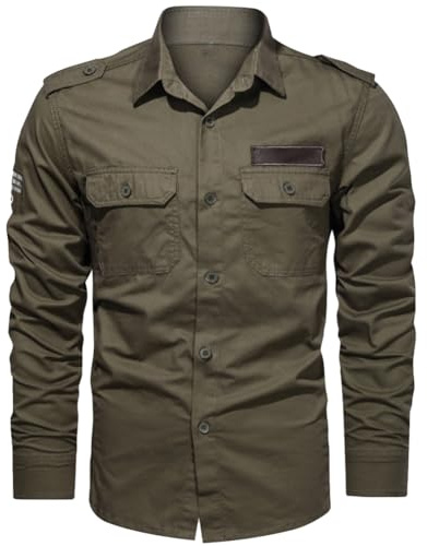 Hombre Camisas de Trabajo, Ropa de Militar de Manga Larga con Botones,Cargo Shirts, 2 Bolsillos, Regular Fit para Pesca, Tala, Senderismo, Caza，ArmyVerde1907，XXL