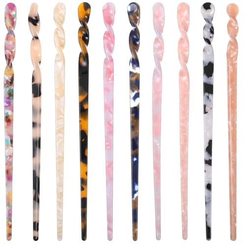 10 Pieces Acetate Hair Sticks, Leopard Print Hair Pin Vintage Tortoise Shell Hairpin Retro Hair Chopsticks Clip for Long Hair, Chinese Hair Sticks for Women Girls Hairstyle Accessories