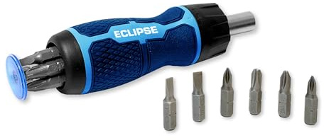 Eclipse Professional Tools ERS7PS Juego de 7 Destornilladores de Carraca con Mango Ergonómico, Almacenamiento de Puntas Integrado y Acción de Carraca Suave – Para DIY, Taller y Uso Profesional