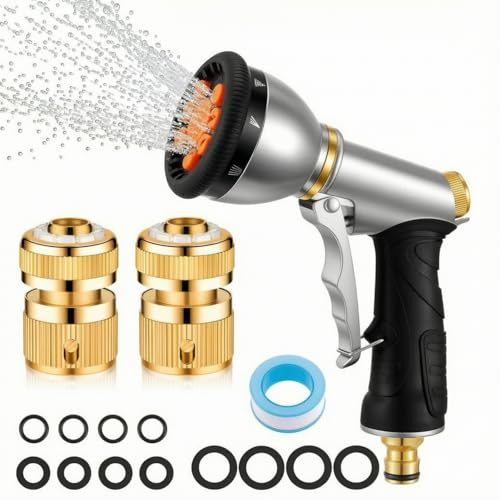 Sinmoe Gardening Hose Spray Gun Set, 9 Adjustable Patterns, High Pressure Hand Sprayer with 1/2 Inch and 3/4 Inch 2-in-1 Brass Garden Connector Fittings for Outdoor Garden Pipe Tub Car Washing