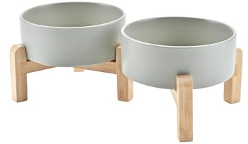 SPUNKYJUNKY Erhöhter Hundenapf Keramik, 13 cm Futter- und Wassernapf mit rutschfestem Bambus Ständer für Welpen, kleine Hunde & Katzen, Spülmaschinen- & mikrowellengeeignet - 400 ml, Grau