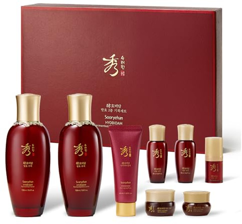Sooryehan Hyobidam Fermented Skincare Gift Set with Wild Ginseng - Premium Korean Anti-Aging Skin Care Kit for Intense Hydration, 13.53 fl oz (Full Size Toner & Emulsion + Mini Cream, Eye Cream, Mask)