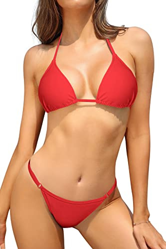 SHEKINI Costume da Bagno Due Pezzi Donna con Lacci Imbottito Halter Bikini Set Triangolo Vita Bassa Brasiliano Perizoma Bikini da Spiaggia(XS, Rosso)