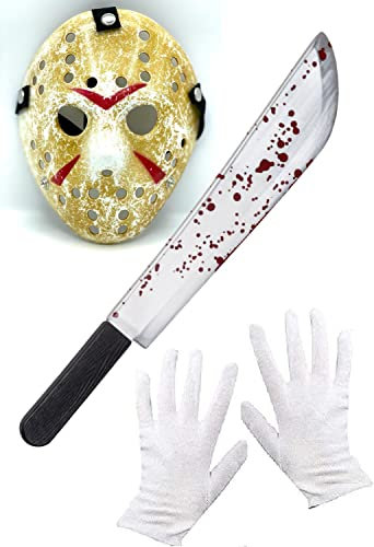Dreamzfit - Jason Voorhees gruseliges Kostüm Hockey-Maske, weiße Handschuhe und Machete Halloween-Killer-Horror-Festival Maskerade Party Verkleidung