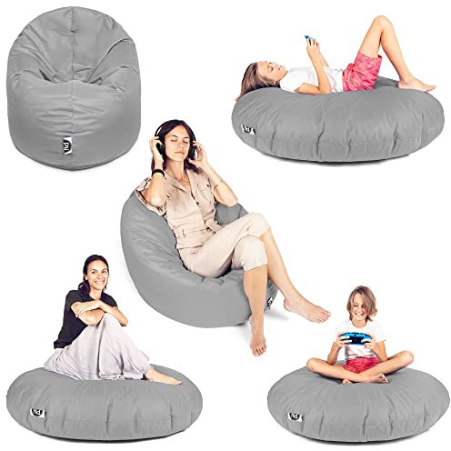 PATCH HOME Sitzsack 2 in 1 Sitzkissen Bodenkissen für Erwachsene & Kinder - Gaming mit Füllung Kissen Sessel BeanBag (Ø 100cm, Grau)