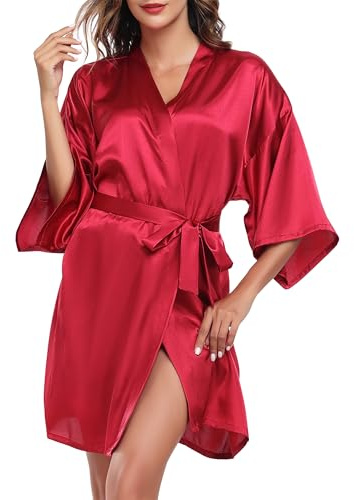 Wikoan Peignoir de Bain Femme Satin Robe de Chambre Peignoir Kimono Nuit Manches 3/4 Court Sortie de Bain Femme Robe Bride