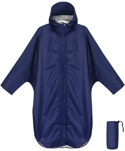 ANYOO Wasserdichter Regenponcho Regenmantel mit Kapuze und Ärmeln, Leichte und Winddichte Regenbekleidung für Damen und Herren, Dunkelblau, Einheitsgröße