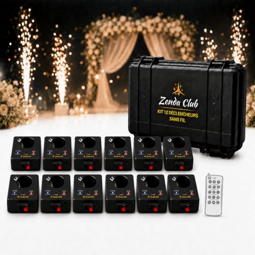 Juego de 12 disparadores, kit de tiro para chorros de escena, sistema de tiro de etapas fuentes frías, máquina de encendido de fuegos artificiales frío + mandos inalámbricos Zenda Club