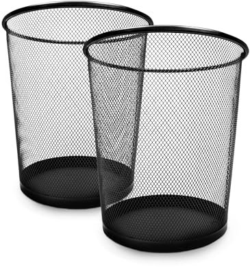 KEPLIN Round Trash Can Bin - 2 Pack Black Non-slip Mesh Bins | Waste Paper Bin | Sturdy Metal Bin Indoor Waste Bin for Home, Bedroom, Office, Bathroom, Living Room, Kitchen