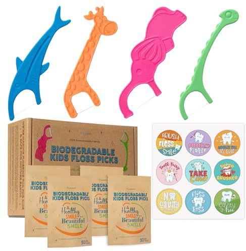 Truoecity 200 Kids Toothpicks for Boys and Girls, Kids Floss Picks, Tooth Floss Sticks for Children, Cute Animal Shape Kid Dental Flossers, Cleaning Flossing Sticks, 4 Pack (50 Teeth Flossers Each)