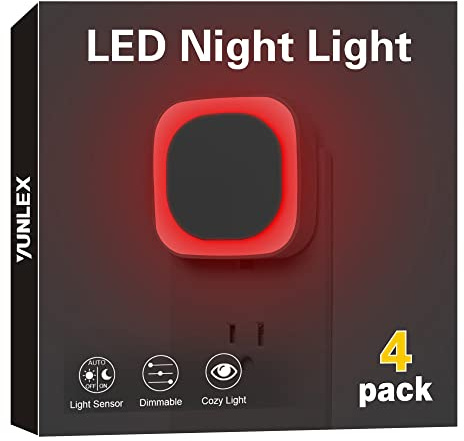 YUNLEX 4 Pack Plug in Red Sleep Night Light, Auto Dusk to Dawn, Soft Glow, Dimmable Diffused Light, LED Lights for Bedroom, Sleep, Baby Nursery, Kids, Toddler, Bathroom, Hallway, Home Decor