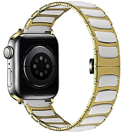 MaKTech Keramiskt Band,Tunt Rostfritt Stål Inlagt Keramiskt Länkarmband,för Apple Watch Serie 11/10/9/8/7,Ultra 3/2/1,SE 3/2/1 [2025] (46mm/45mm/44mm/49mm,Guld/Vit)