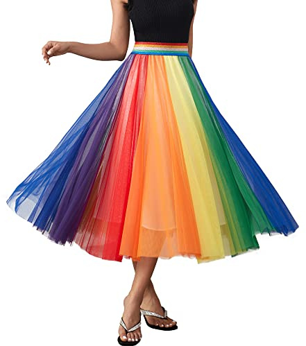 Langer Tüllrock für Damen, plissiert, hohe elastische Taille, schwingend, lässiger Midirock