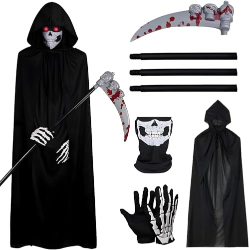 YeahBoom Costume di Carnevale per bambini, costume da mietitore di Halloween, costume unisex con cappuccio lungo, mantello rosso nero, 140, Cappuccio+falce A