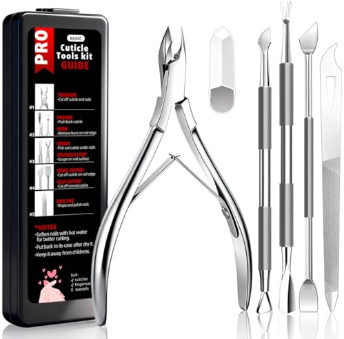 Cbiumpro 5-Pack Cuticle Trimmer Set with Pusher, Cutter, Scraper, Nipper, Clipper, Professional Stainless Steel Cuticle Remover Tools Kit for Fingernails & Toenails - with Case