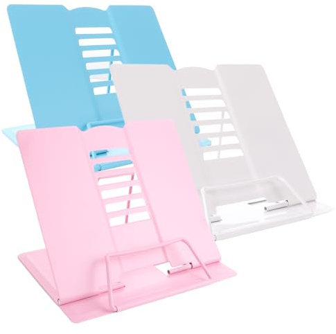 APACALI 3 Stück Buchständer Metall, 6 Stufen Verstellbarer Leseständer für Lesen, Metall Kochbuchhalter, Zusammenklappbarer Buchständer für Halten von Redeentwürfen, iPads, Rezepten, Weiß, Blau, Rosa