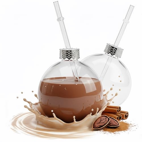 Novaliv 2X Tassen Glühwein 400 ml Personalisierte Weihnachtstasse mit Trinkhalm - Weihnachtskugel als Glühweinbecher - Christbaumkugel Motiv Tasse Tannenbaum Kugel Weihnachtstassen Handwärmer Mugs