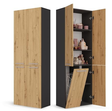 CDF Armoire Haute Salle de Bain Meuble Colonne de Salle de Bain Armoire de Rangement à 4 Portes avec Etagère Réglable pour Salon Cuisine - 60x30x174 cm Anthracite/Chêne Artisan - 1 Panier à Linge