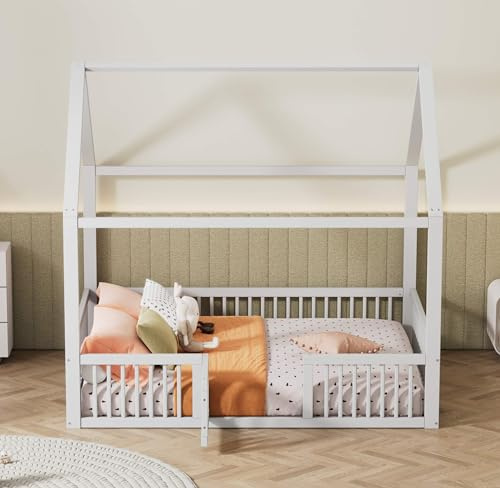MQGPM Hausbett für Kinder 140x200cm mit Rausfallschutz und Dach, Kinderbett, Montessori Stil Bett mit Lattenrost, Bettrahmen aus Stabiler Kiefernholz, Doppelbett, für Jungen & Mädchen, ohne Matratze