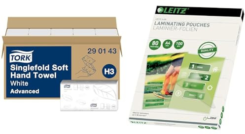 Tork weiche Zickzack Papierhandtücher Advanced 290143 - H3 Falthandtücher für Papierhandtuchspender - saugfähig und reißfest & Leitz Heißlaminierfolien A4 80 mic
