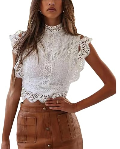 aromm Mujeres Sin Mangas Verano Camisa de Encaje Sexy Semi Transparente Floral Blusas Blanco, M