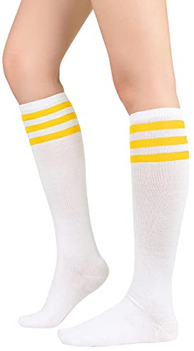 Durio Kniestrümpfe Damen Gestreifte Lange Socken Mädchen, 38-42 Stiefelsocken Elastische Atmungsaktive Ringelsocken für Halloween Karneval Fasching Alltag, Weiß Schwarz Rot Grün Gelb