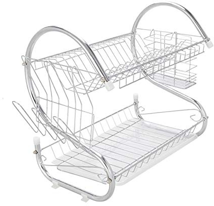 Haipky 2-Tier Bowls Plates Dish Drying Rack with Removable Drain Board, Utensil and Cup Holder, Metal Kitchen Organizer, Silver, 16x10x15 inch