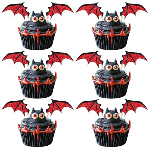 Xsstarmi 24 Pack Halloween Bat Cupcake Toppers Glitter Vampire Bat Wings Cupcake Picks for Bat Theme Birthday Halloween Party Cake Decorations Supplies Red