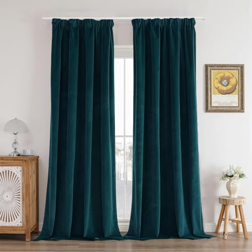 Joydeco 100% Blickdicht Samt Vorhänge mit Kräuselband 2 er Set H 245 x B 132 Blaugrün Schienensystem Schiebevorhang Verdunkelung Thermovorhang Kälteschutz Gardinen Schlafzimmer Wohnzimmer Curtains